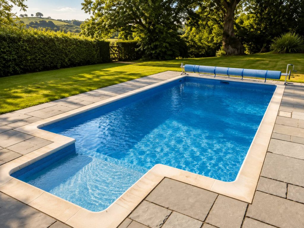Stunning residential swimming pool in Plymouth, UK. Expert design and installation for your perfect garden oasis. Featuring blue tiles and stone coping.