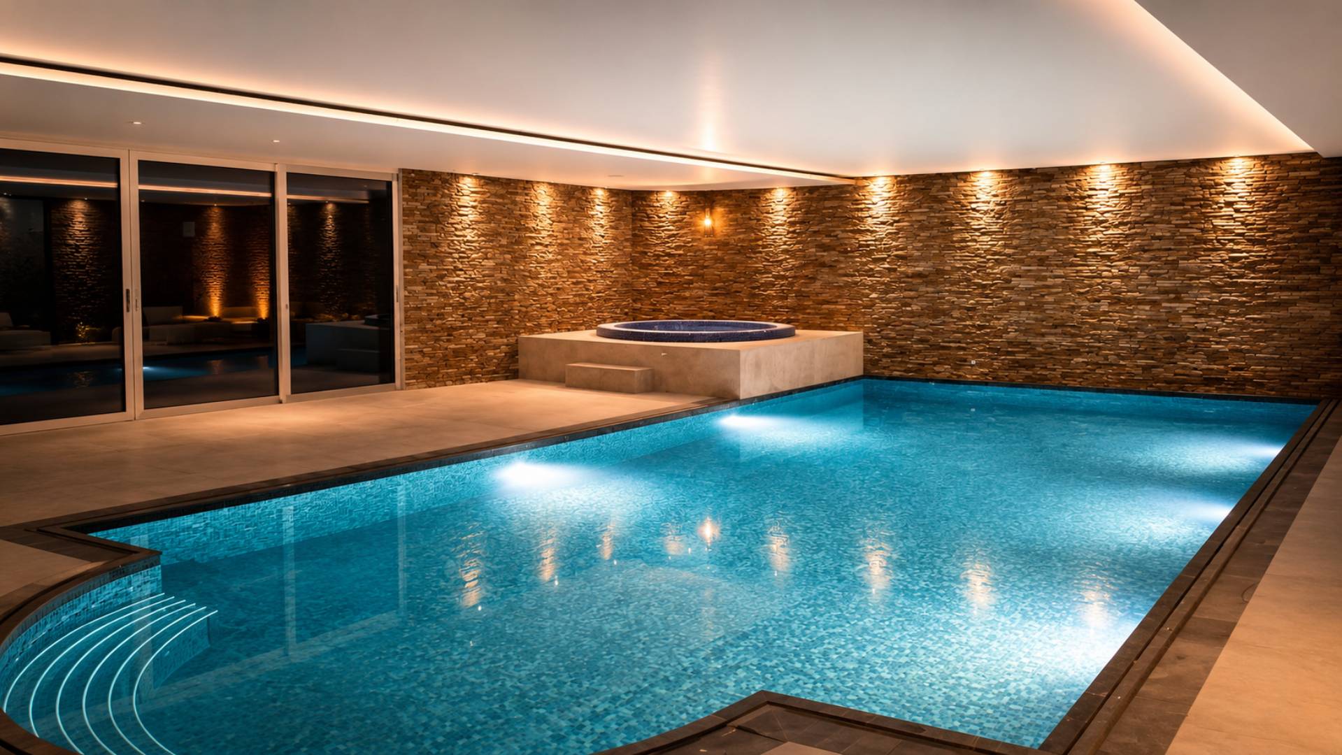 Luxurious indoor swimming pool and integrated spa design in Torquay. Featuring bespoke stonework, LED lighting, and glass doors.