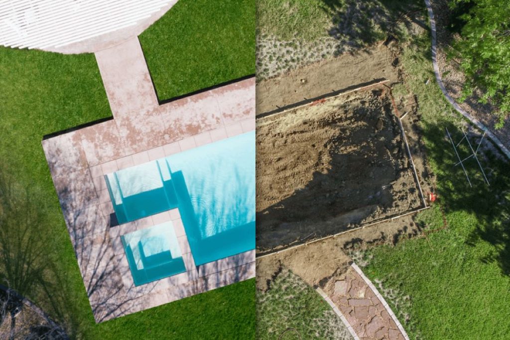 half and half image with left side showing after pool installation and right side showing the pool being dug out
